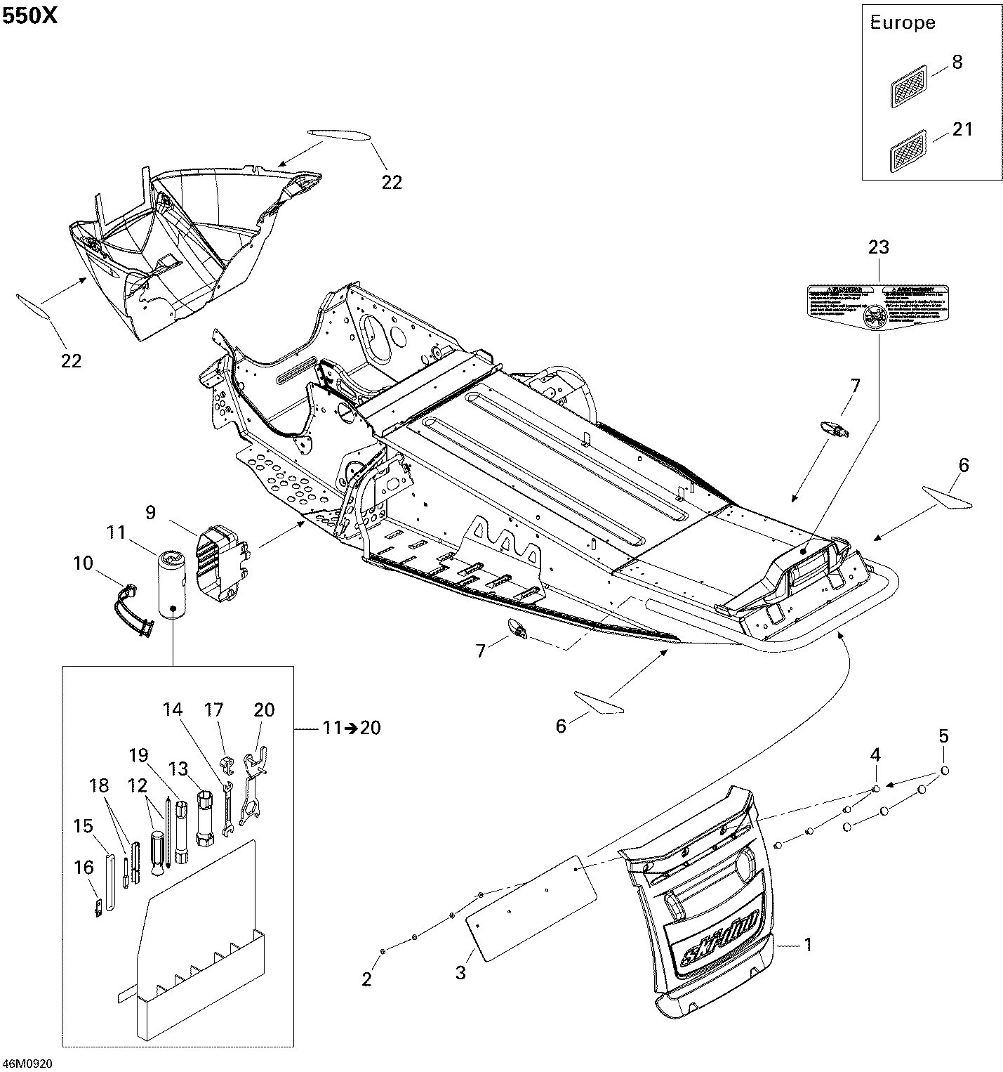 Fits 2008-2009 Ski-Doo MX Z 550X SNOW Guard, OEM Part # 520000596 - schematic diagram