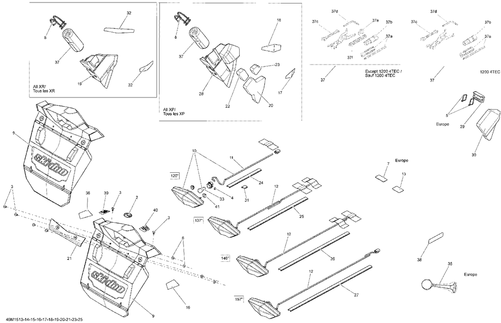 Fits 2008-2015 Ski-Doo Renegade X XR137 / MXZ SPORT 550F XP Yellow RH REAR Reflector, OEM Part # 520000706 - schematic diagram