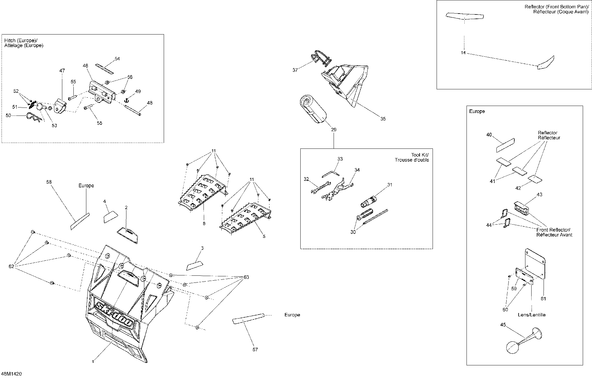 Fits 2009-2014 Ski-Doo GRAND TOURING SE 12004TEC XR / GRAND TOURING LE & SE XR Reflector Support, OEM Part # 520000933 - schematic diagram