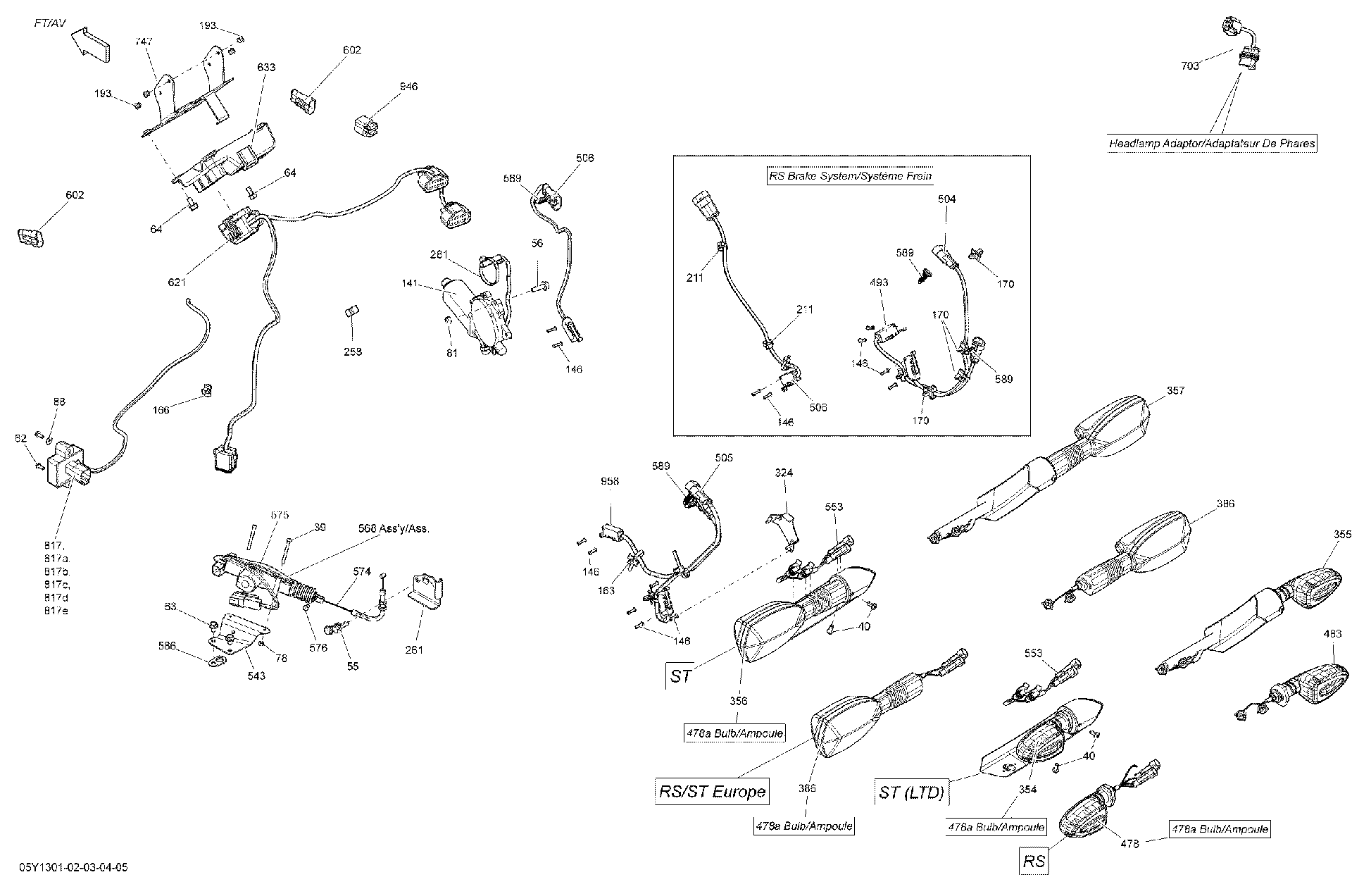 Fits 2013 Can-Am Spyder RS_RSS SE5 / Spyder RS_RSS SM5 Headlight Adapter, OEM Part # 710002830 - schematic diagram