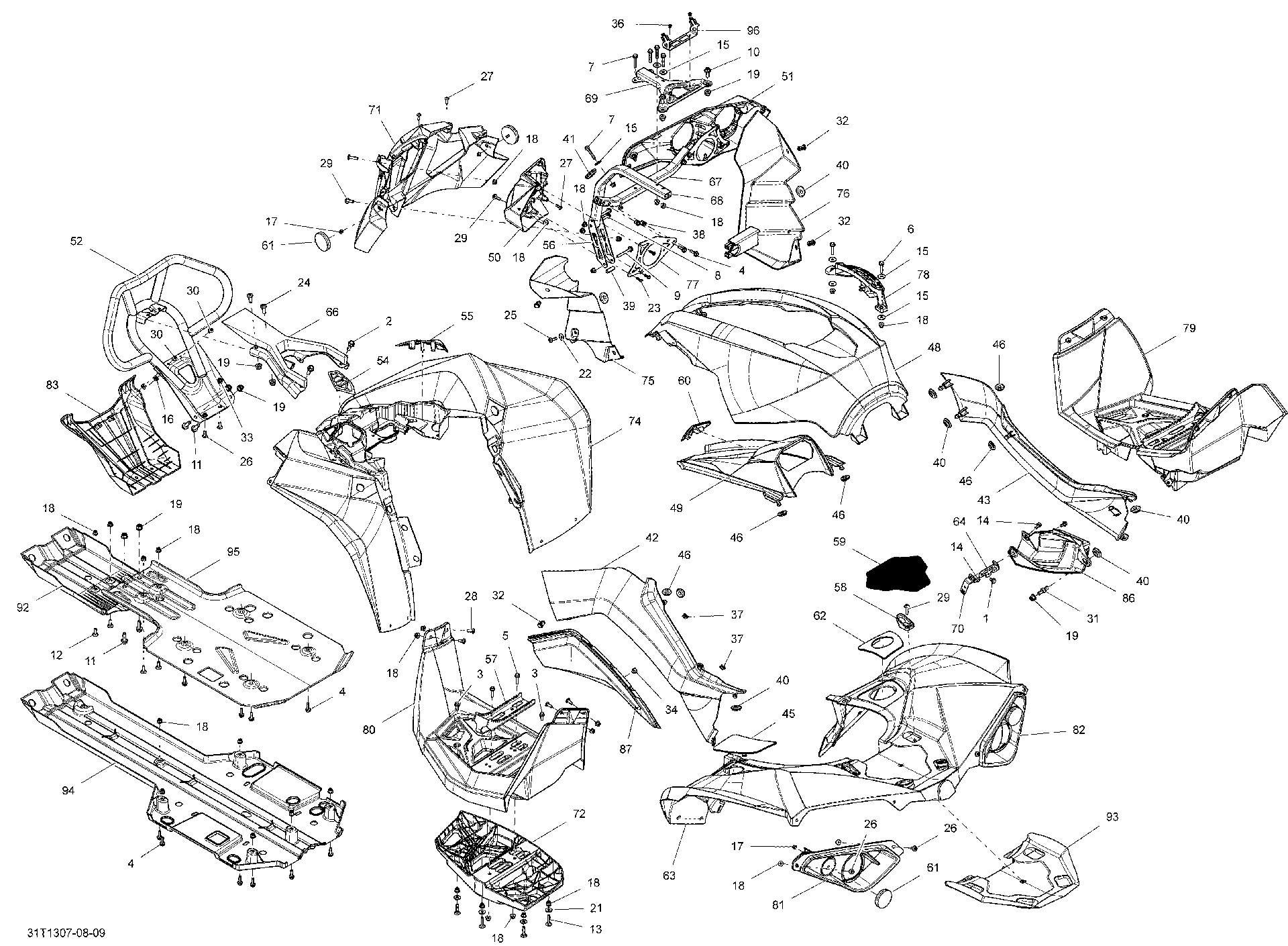 Fits 2013 Can-Am Renegade 500EFI STD / Renegade 800R EFI STD & XXC REAR Fender Kit, Yellow, OEM Part # 715001883 - schematic diagram