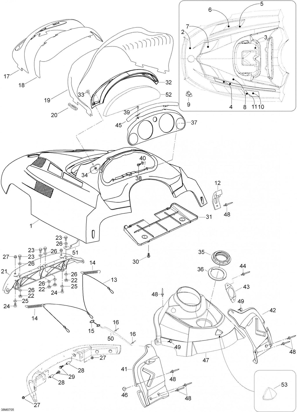 Fits 2005-2007 Ski-Doo Expedition 600 H.O. SDI / Expedition TUV 600 H.O. SDI Hood Ass'y Includes 1 To 11, Black, OEM Part # 605151910