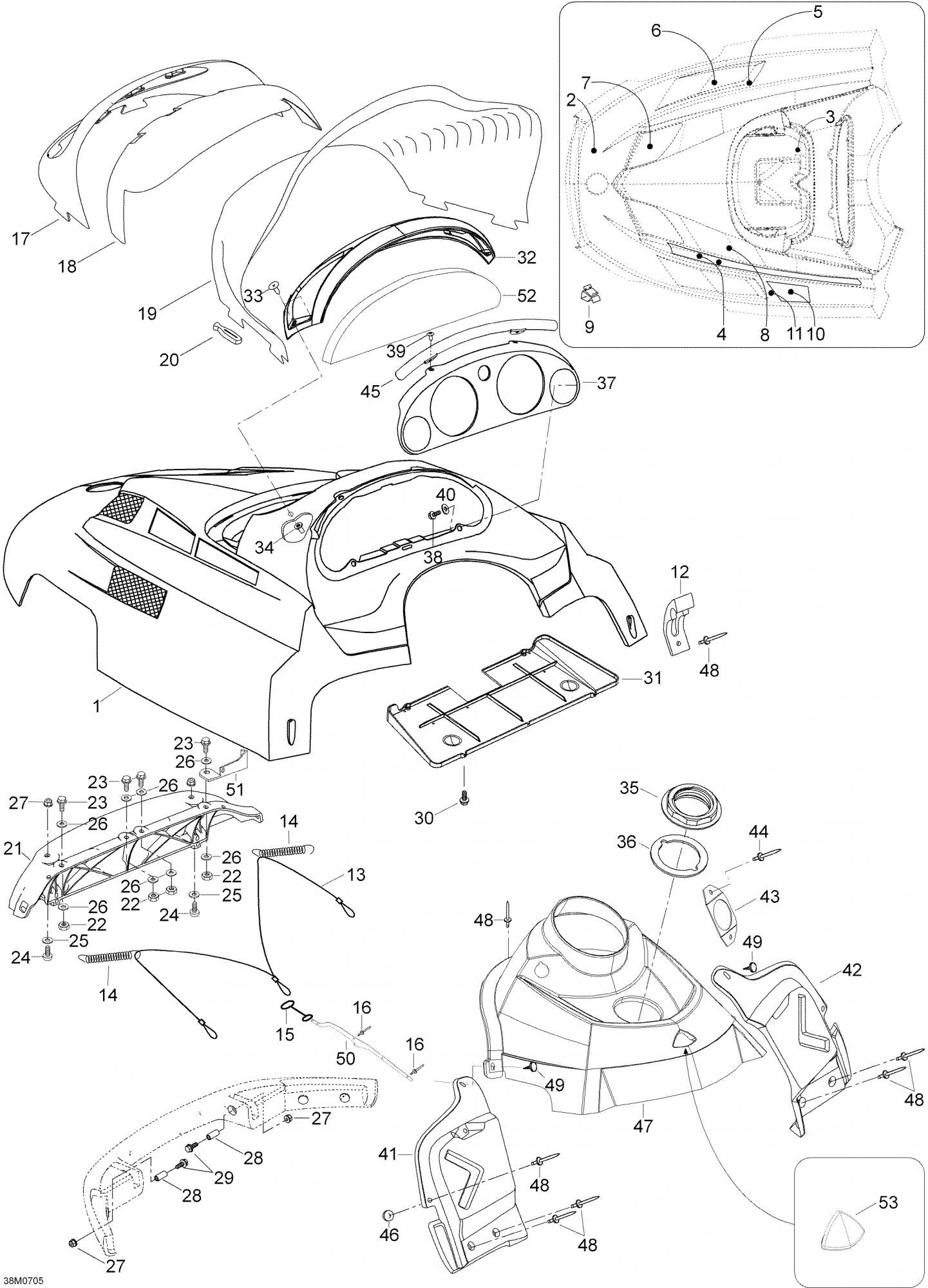 Fits 2005-2007 Ski-Doo Expedition 600 H.O. SDI / Expedition TUV 600 H.O. SDI Hood Ass'y Includes 1 To 11, Black, OEM Part # 605151910