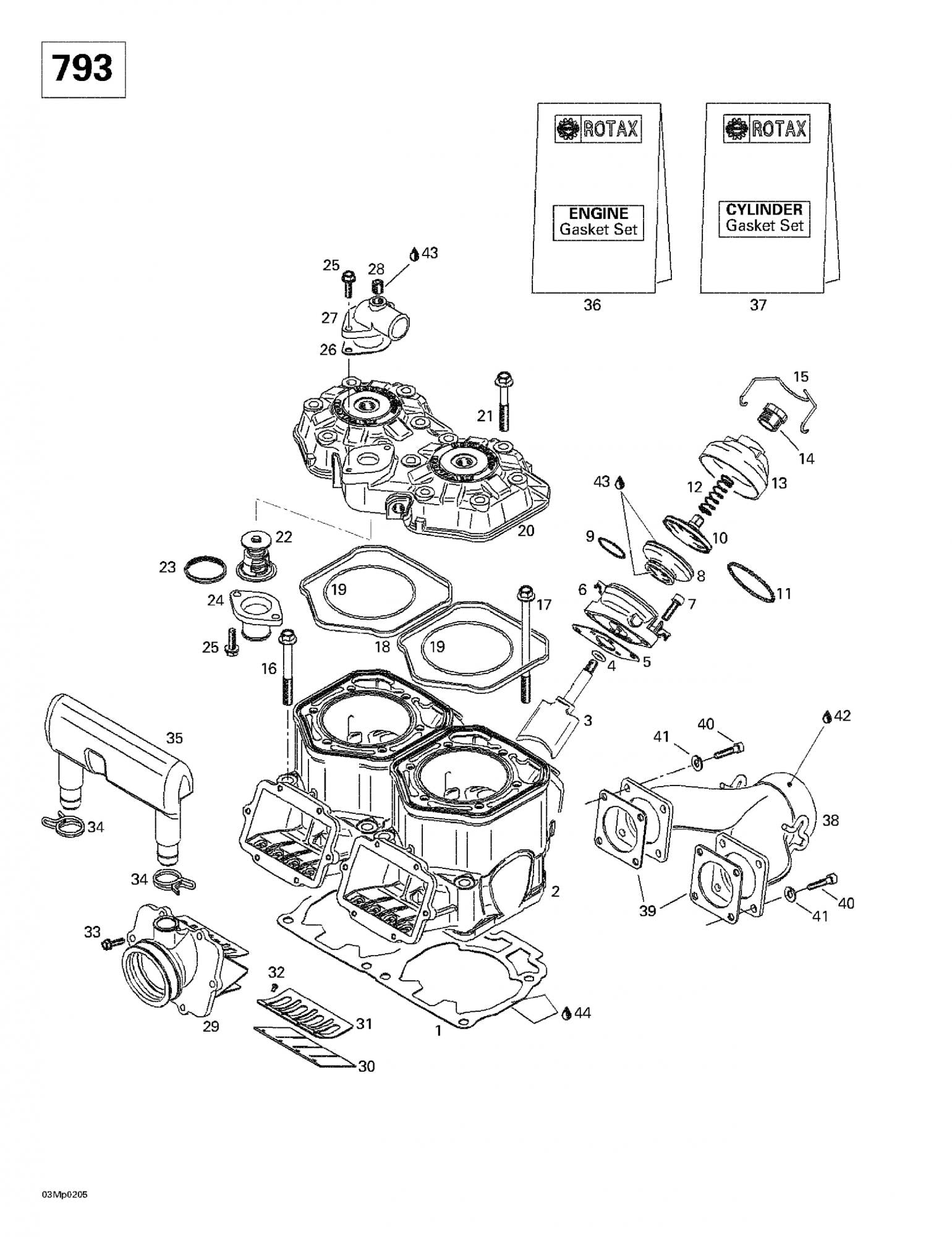 Fits 2000-2007 Ski-Doo Grand Touring 500/600/700/800 / Grand Touring SE 800 SDI Models Gasket 0.8, OEM Part # 420931839