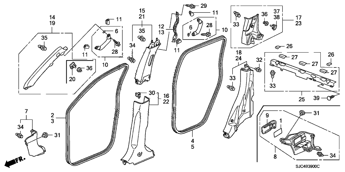 New 2006-2010 Fits Honda Ridgeline Right Front Pillar Garnish Assembly *NH220L* (CLEAR GRAY), Part # 84101-SJC-A01ZB