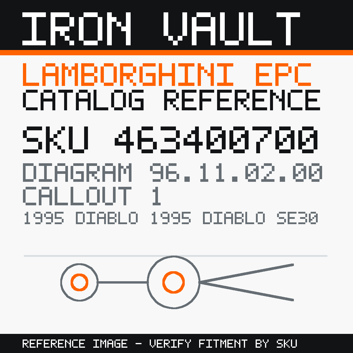 Iron Vault catalog reference catalog-card-v1 — Lamborghini SKU 463400700 — EPC 96.11.02.00 callout 001