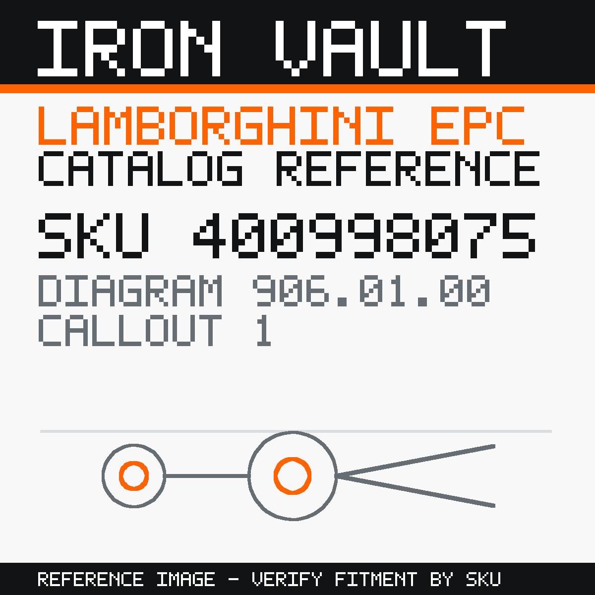 Iron Vault catalog reference catalog-card-v1 — Lamborghini SKU 400998075 — EPC 906.01.00 callout 001