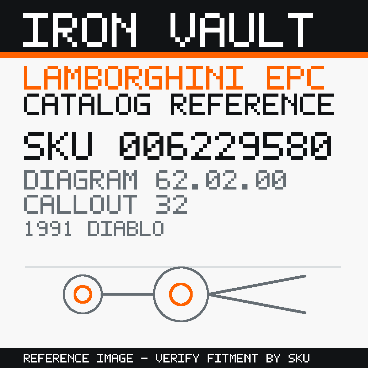 Iron Vault catalog reference catalog-card-v1 — Lamborghini SKU 006229580 — EPC 62.02.00 callout 032