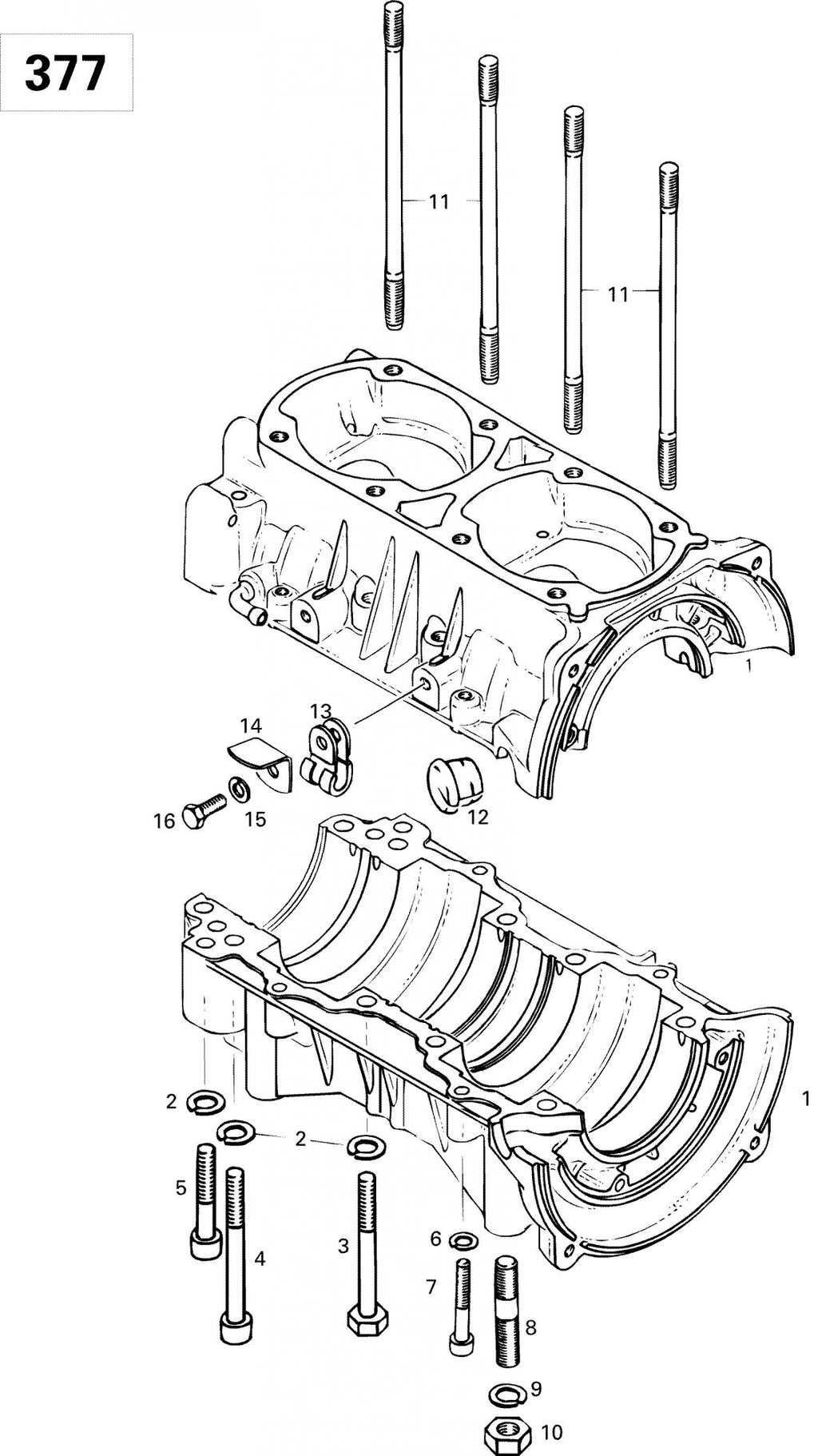 Fits 1996-2007 Ski-Doo Formula Deluxe 380 F / Formula Deluxe 380/500 Models Crankcase Ass'y Includes 1 To 7, OEM Part # 420888483