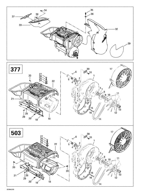 Fits 2002-2004 Ski-Doo Grand Touring 380 F/500 F / Grand Touring 380 F/550 F Models Cylinder Cowl 380F, OEM Part # 420811800