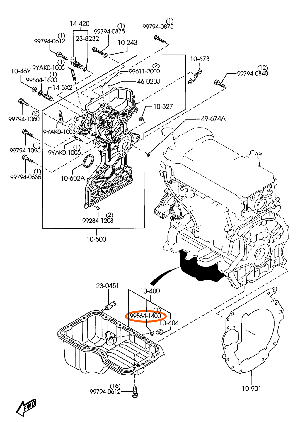 Mazda 99564-1400 schematic — orange oval around verified reference 99564-1400