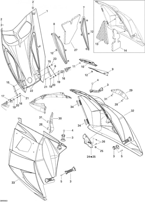 Fits 2006-2007 Ski-Doo GTX 380F / GTX 550F Models Hood, Alloy Grey, B-206 Grey/Black, OEM Part # 517303574