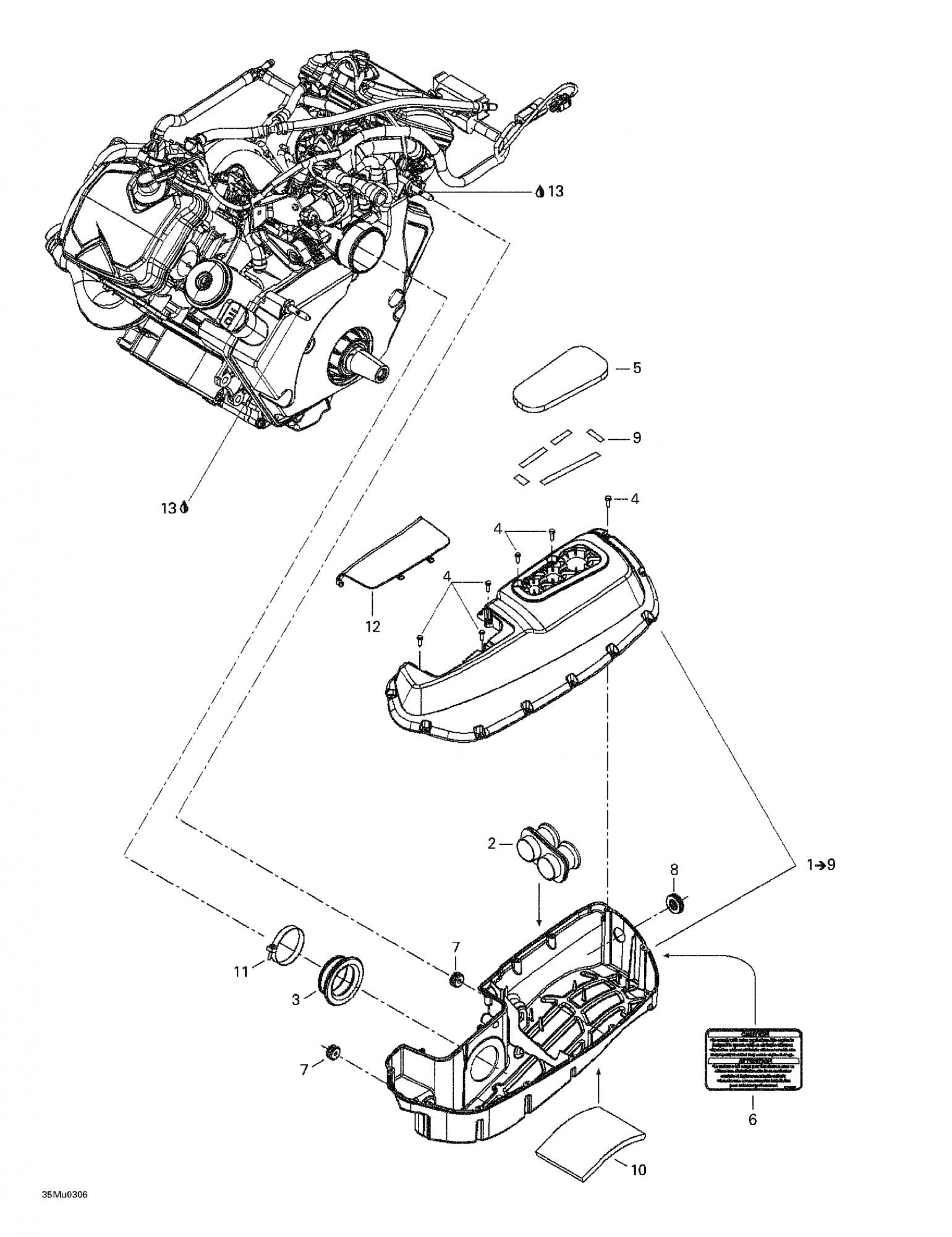 Fits 2003-2005 Ski-Doo Grand Touring V-1000 / Legend V-1000 Air Intake Ass’y Includes 1 To 9, OEM Part # 508000315