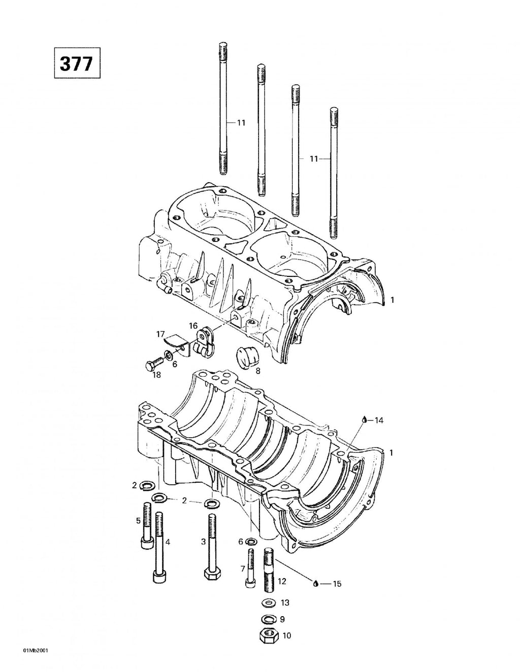 Fits 1996-2007 Ski-Doo Formula Deluxe 380 F / Formula Deluxe 380/500 Models Crankcase Ass'y Includes 1 To 7, OEM Part # 420888483