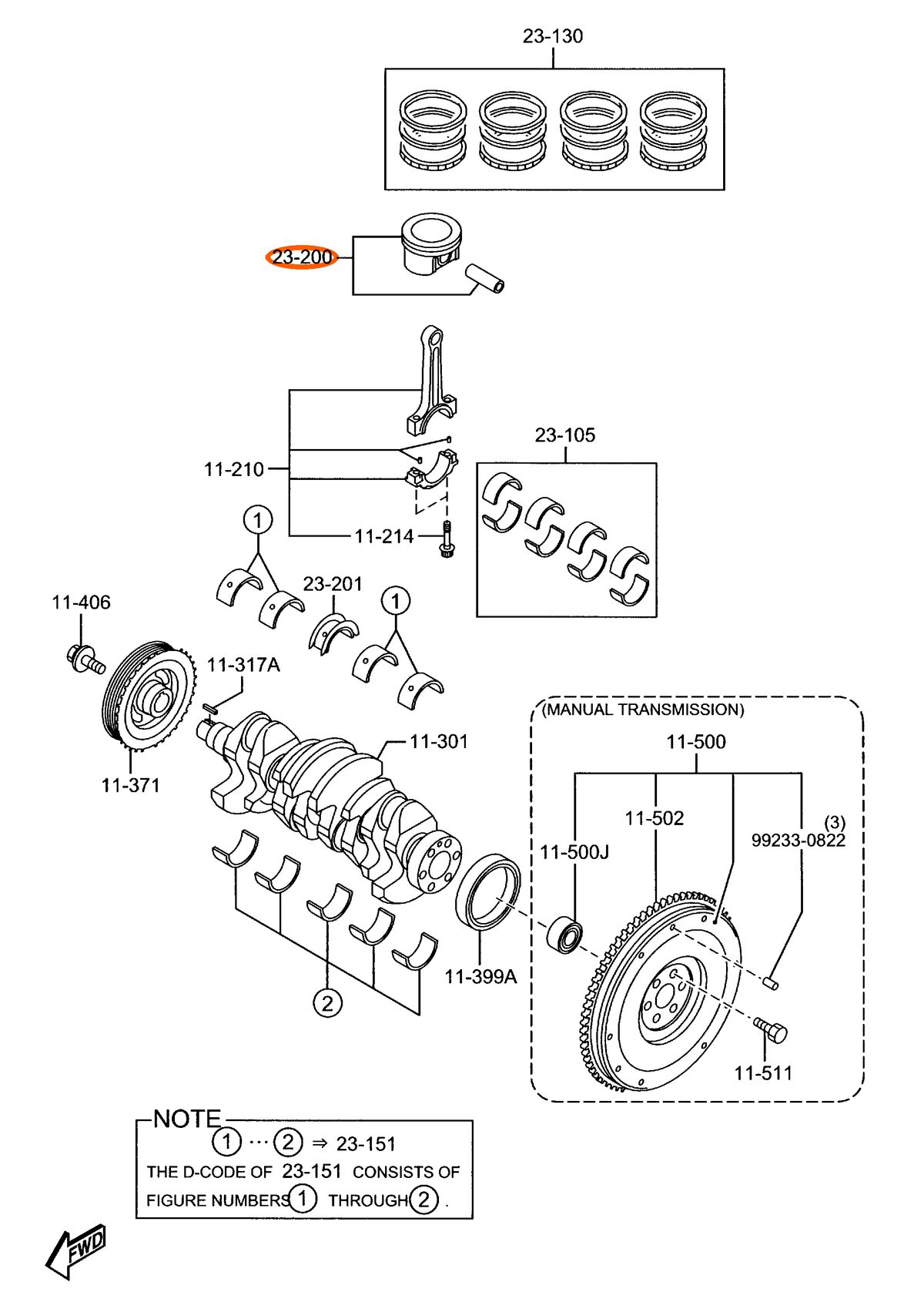 Mazda piston set diagram reference 23-200 with high-contrast orange oval