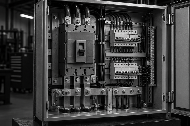 Illustrative monochrome industrial switchgear and circuit breakers
