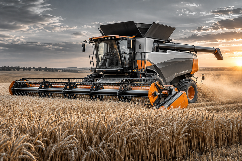 Illustrative unbranded combine harvester in a wheat field