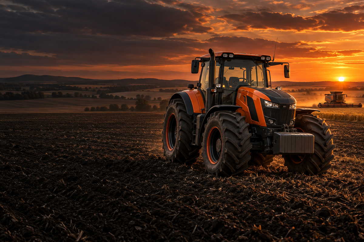 Illustrative tractor and harvester on farmland; not a specific listed AGCO part