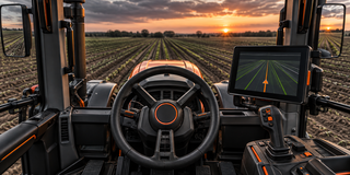 Illustrative tractor cab with guidance display and controls