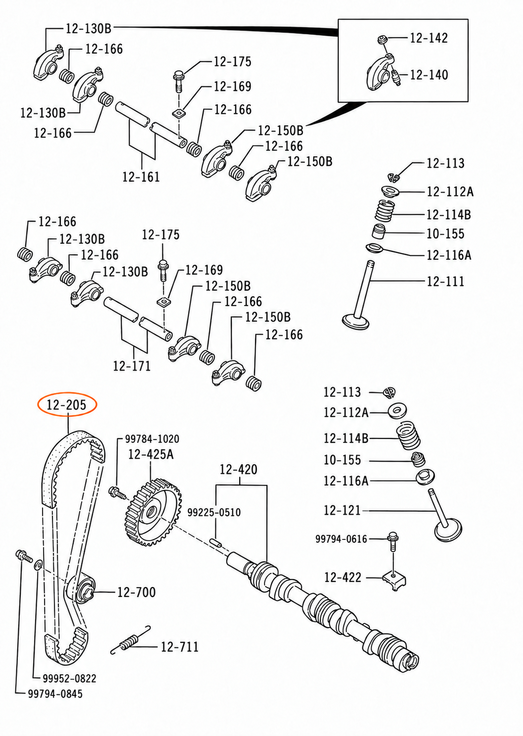 Mazda 121 valve system schematic ed00441 with timing belt callout 12-205 highlighted